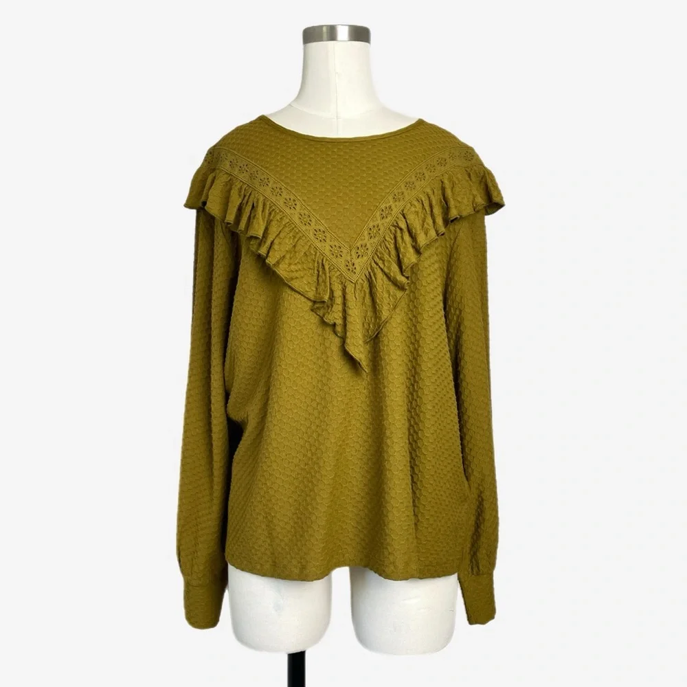 Jcrew NWT Olive green ruffle yoke honeycomb knit top prairecore boho western L